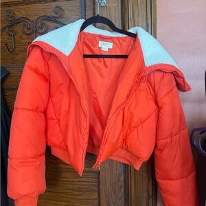 Maeve Bright Orange Cropped Puffer Jacket with White Sherpa Hood
